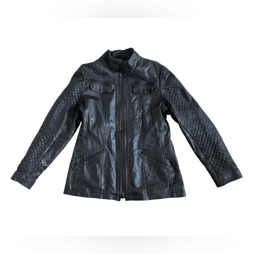 Danier Black Leather Jacket with Quilted Sleeves